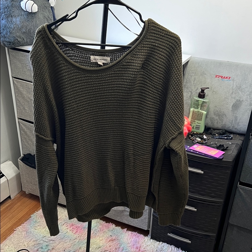 NWOT Lucky Brand Lightweight Waffle-Knit Crewneck Sweater - Olive